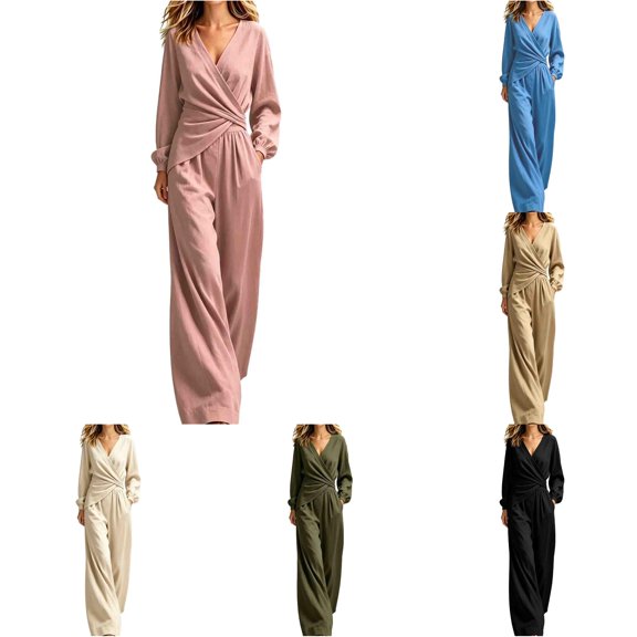 HAYIMI Womens Fall Outfits Sets 2 Pieces Fashionable Solid Color V Neck Irregular Long Sleeved Tops With Wide Leg Pants Set Cozy Clothing Sets