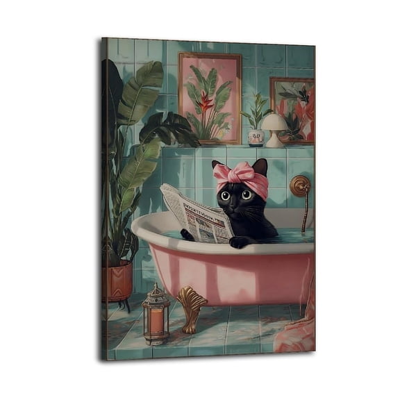Larbulse Black Cat Read Newspaper Wear Pink Headband in Bathtub Canvas Wall Art Home Decor Poster Vintage Funny Print Picture Abstract Bedroom Living Room Kitchen Posters Decor