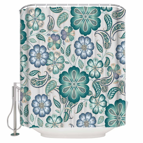 Teal Paisley Pattern Bathroom Shower Curtains with 12 Hooks Polyester Waterproof Shower Curtain for Stalls and Bathtubs Boho Ethnic Floral Traditional Decorative Bathroom Privacy Curtain 72x72 Inches