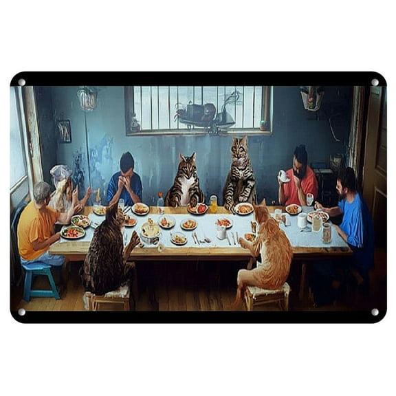 Funny 'Last Supper with Cats' Metal Tin Sign- 8x12 Inch, Perfect for Game Room& for Man Cave Wall Decor