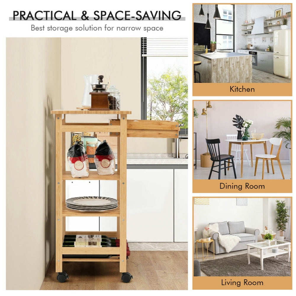 Finihen Rolling Cart, Kitchen Island Cart, Bamboo Rolling Kitchen Trolley Cart with Drawer and Wine Rack, for Kitchen, Dining Room, Natural Finihen Rolling Cart, Kitchen Island Cart, Bamboo Rolling Kitchen Trolley Cart with Drawer and Wine Rack, for Kitchen, Dining Room, Natural
