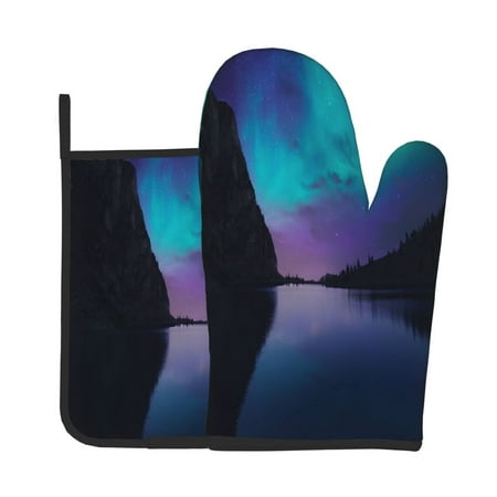 

Junzan Night At Lake Aurora Pattern Oven Mitts and Pot Holders 2 pcs Set Potholders BBQ Gloves Long Kitchen Oven Glove for Cooking Baking Grilling (2-Piece Set 11 Inch)