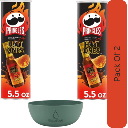 Pringles Rojo Potato Crisps Chips, Spicy Lunch Snacks, 5.5 oz Canister With Olive Green Bowl By ValueNest