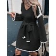 thumbnail image 6 of Tie-Waist Loose Knitted V-Neck Long Sleeved Autumn Dress Contrast Sleeves Pullover Sweater Dress Black L, 6 of 9