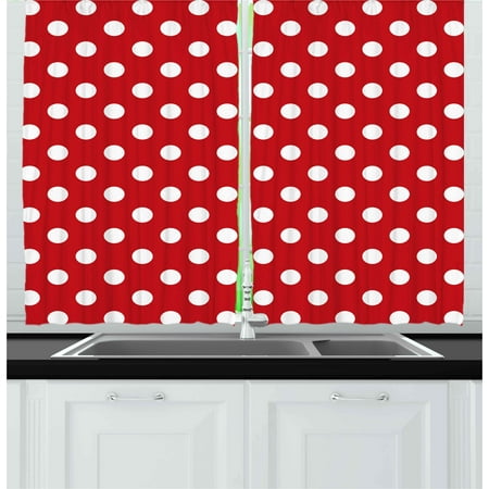 - Retro Curtains 2 Panels Set, Vintage Polka Dots with Big White Circular Round Forms Nostalgic Girlish Kitsch Art Design, Window Drapes for Living Room Bedroom, 55W X 39L Inches, Red, by Ambesonne