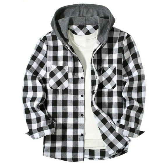 Evdexr Mens Plaid Jacket Flannel Jacket Long Sleeve Hooded Winter Hoodies with Hood Button Down Thin Button Fall Coats with Pockets White 2XL