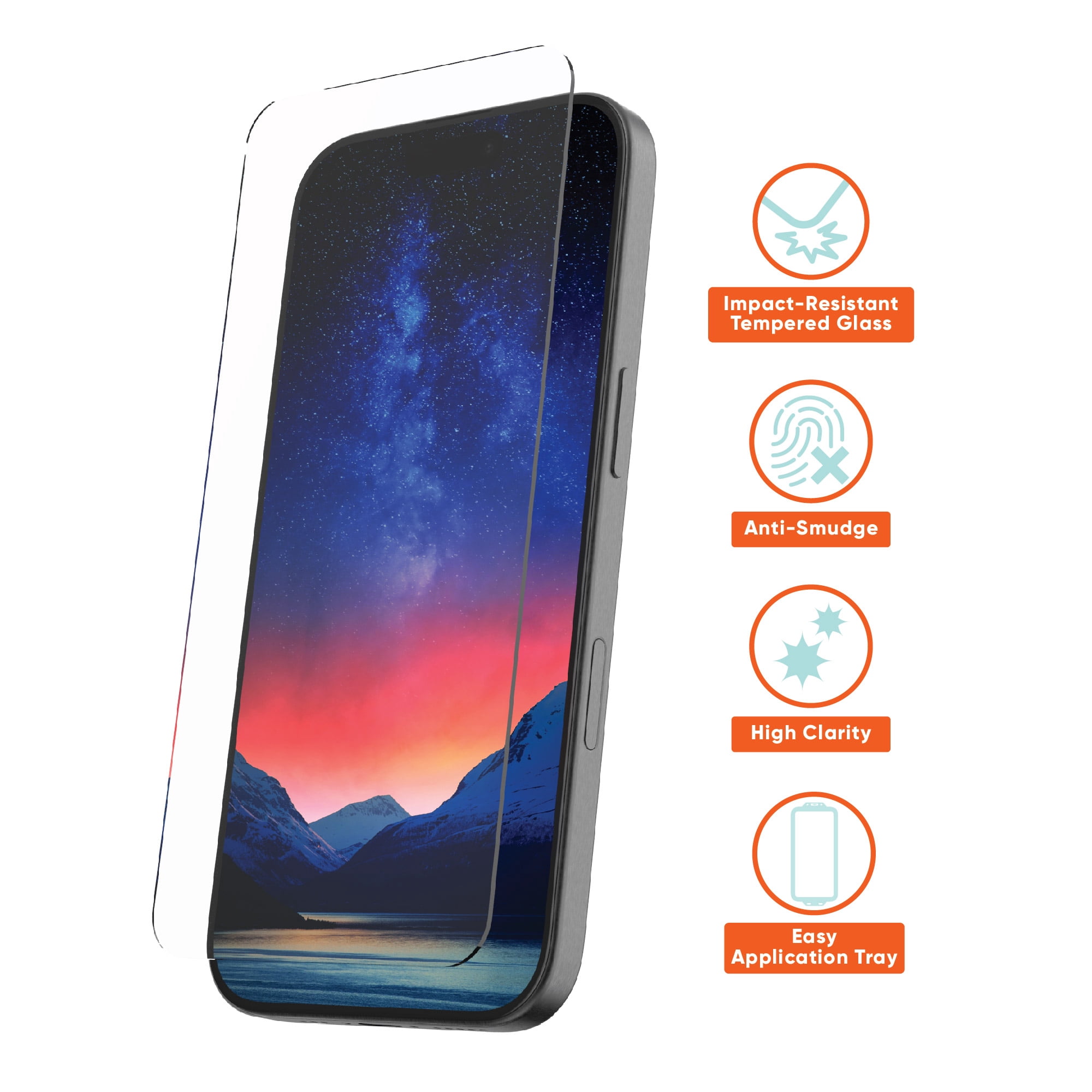 onn. Impact Resistant Glass Screen Protector with Easy Application Tray for iPhone 16 Pro