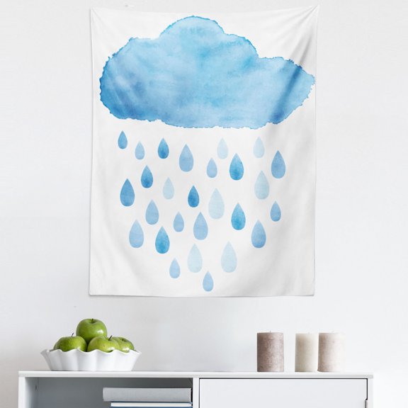 Blue White Tapestry, Rain Drops and Cloud in Watercolor Painting Effect Nimbus Fun Art Illustration, Fabric Wall Hanging Decor for Bedroom Living Room Dorm, 5 Sizes, Blue White, by Ambesonne