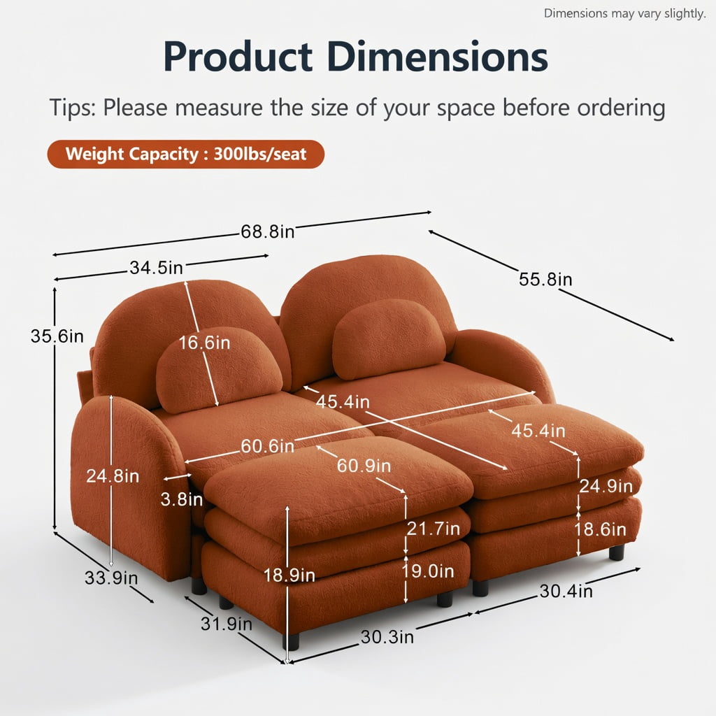 Hommoo Teddy Fleece 2-Seat Modular Sofa Set in Vibrant, Cloud-Like Double-Layer Cushions, Curved Backrest & Armrests, Includes 2 Movable Ottomans & Lumbar Pillows, Orange