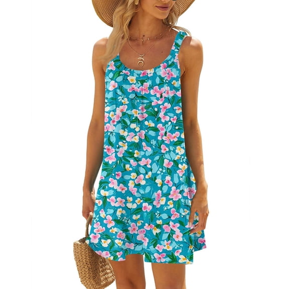 WTOBBY Women's Floral Print Sleeveless Scoop Neck Sun Dress with Back Tie Detail for Beach & Vacation,Army Green 2XL