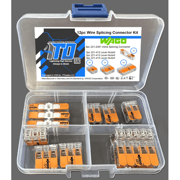 WAGO Lever Nut 12pc Wire Splicing Connector Kit with Case.  WAGO Lever Nuts 221-412, 221-413, 221-415, and 221-2401 included.