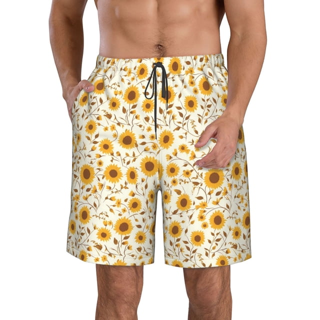 Sikiie Brown Leaf Sunflower Print Men's Beach Shorts, High Elastic Quick-drying Shorts - with Drawstring and Slip Pockets, Suitable for Beach, Sports, Vacation-Small