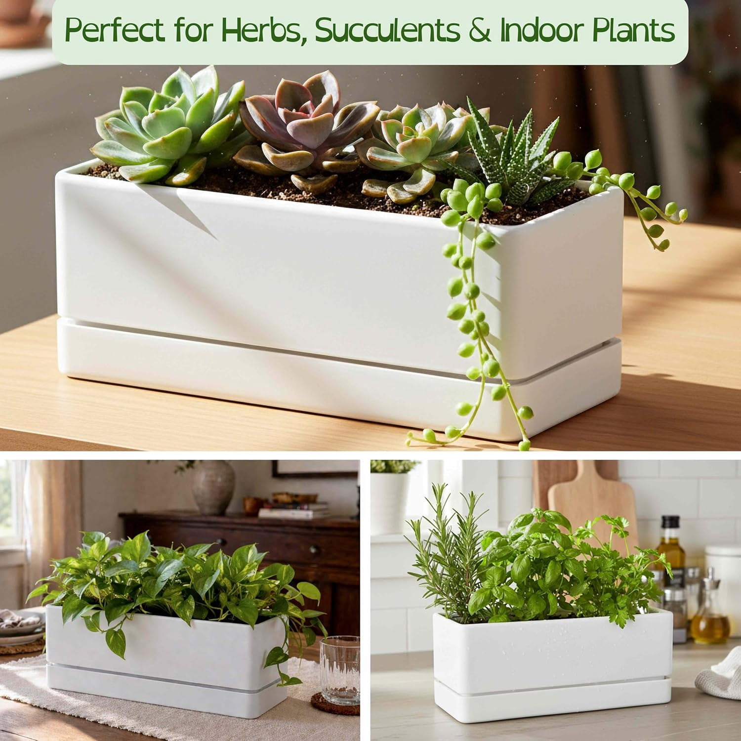12 Inch Window Box Planter Rectangle Plastic Herb Planter with Drainage Holes and Saucer Indoor Succulent Cactus Vegetable Pot for Windowsill Garden Balcony White Set of 2 76-X-A-2
