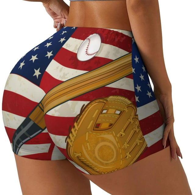 Balery American Flag And Baseball Pantalones cortos de entrenamiento estampados para mujer, sin costuras, ajustados, para gimnasio, yoga, correr, deportes, ejercicio activo, fitness.-Medium