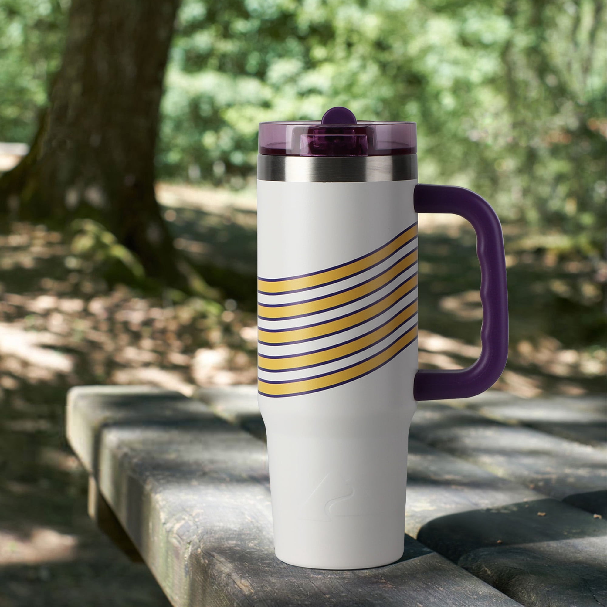 Ozark Trail 30 oz Stainless Steel Insulated Tumbler with Handle, White with Purple and Yellow Varsity Stripes