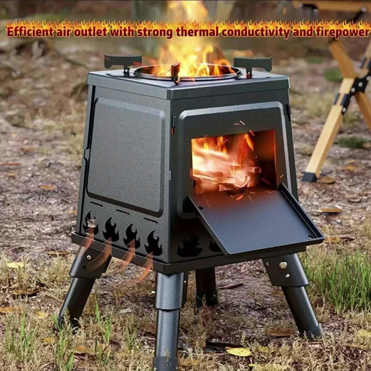 Portable Cast Iron Wood Burning Camp Stove - Heavy-Duty Outdoor Cookstove & Heater, Chimney/Air Vents/Sturdy Legs, Firewood/Charcoal Compatible, No Electricity, for Camping/Hiking/Picnic/BBQ