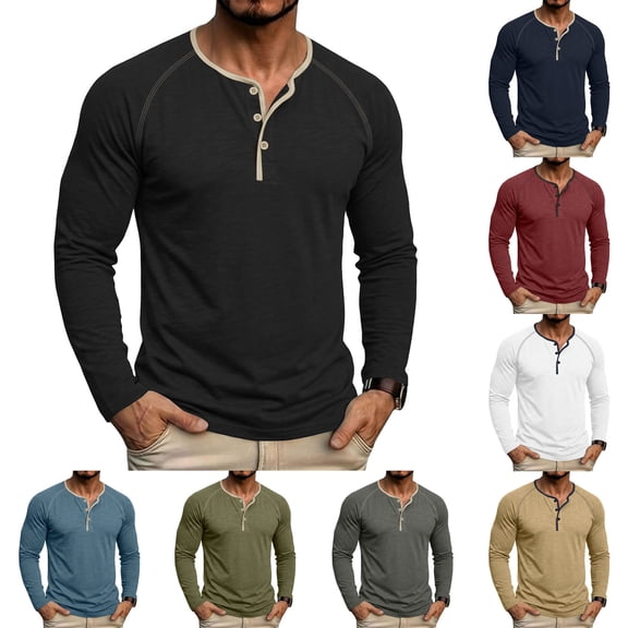 100% Cotton Mens Casual T-Shirt Slim Fit Basic Henley Long Sleeve Shirts With Buttons Fashion Daily Wear Work Tops