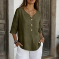 thumbnail image 3 of Leidass 3/4 Length Sleeve Womens Tops Cotton Linen V Neck T Shirts Summer Beach Casual Boho Three Quarter Sleeve Tops Army Green L, 3 of 7