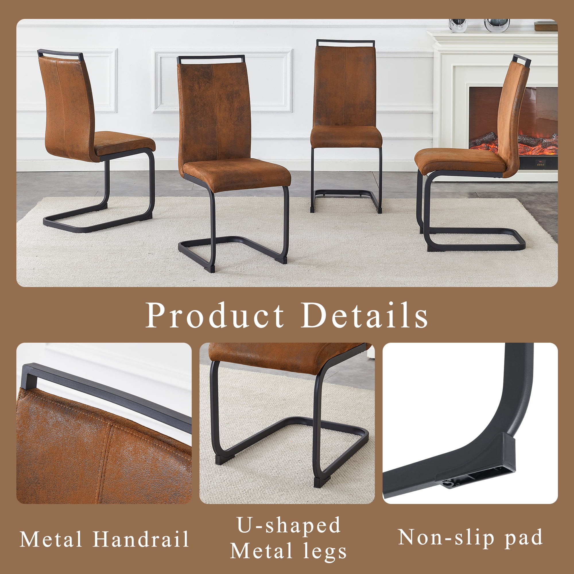 Dining Chairs Set of 4, Vintage Brown Tech Fabric Dining Chairs 39.3 Inch High with Ergonomic Backrest, 17 Inch Deep Seat, Modern Upholstered Chairs for Dining Room, Cafe and Leisure Area