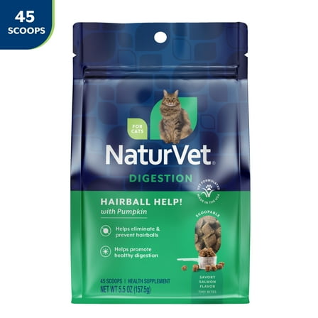 NaturVet Hairball Help! Digestion Supplement for Cats, Salmon Flavor, 45 Scoopable Tiny Bites
