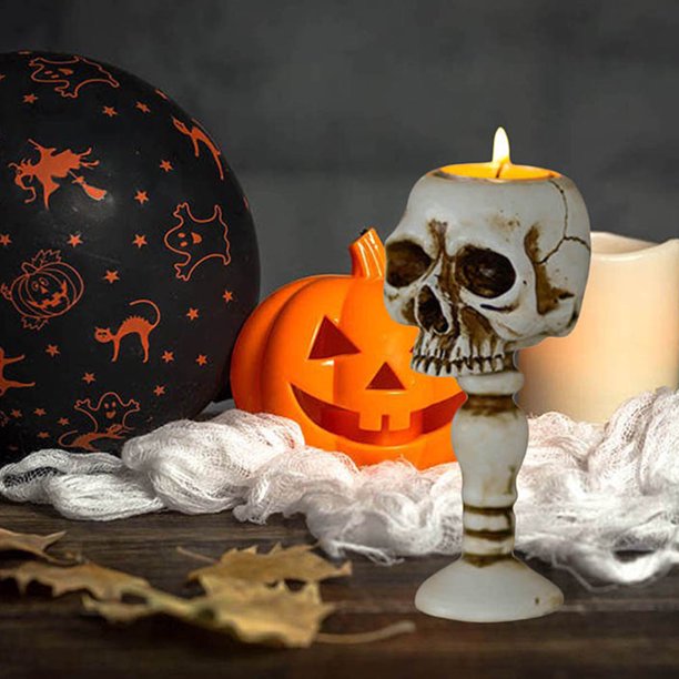Portavelas Calavera Candelabro Accesorios de Halloween Artesanías de resina Mini cabeza de calavera para el hogar Blanco