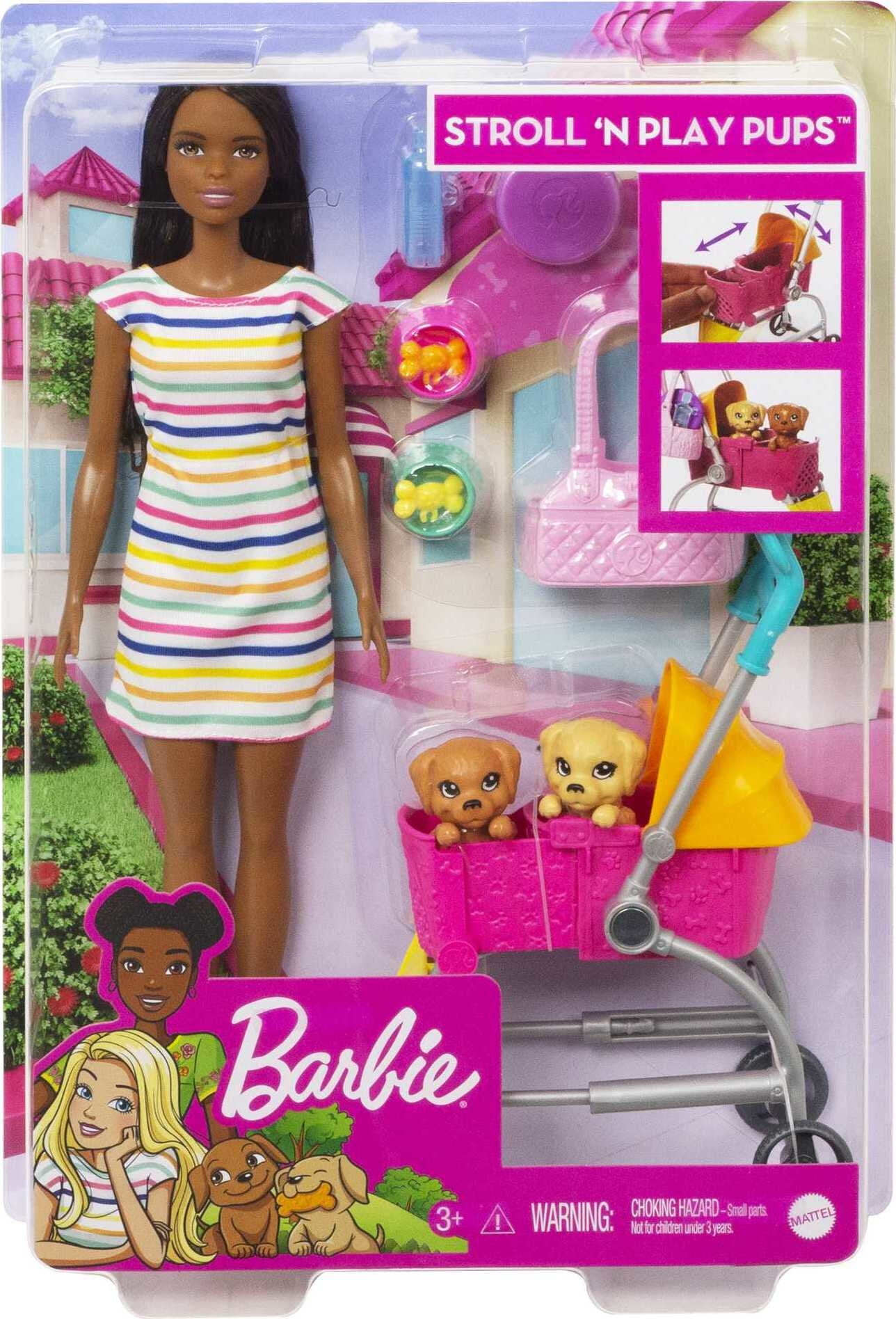 Barbie Stroll & Play Pups Playset with Brunette Doll, Transforming Stroller, 2 Pets & Accessories