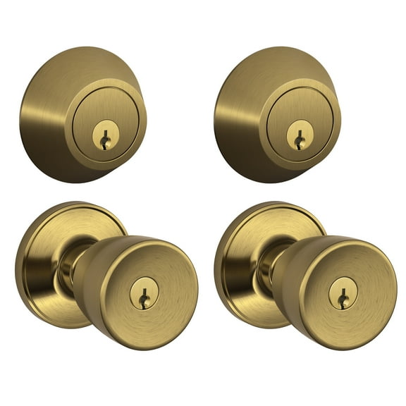 Schlage JCT60VBYR609 Antique Brass Byron Deadbolt & Keyed Entry Door Knob 4 Piece Set