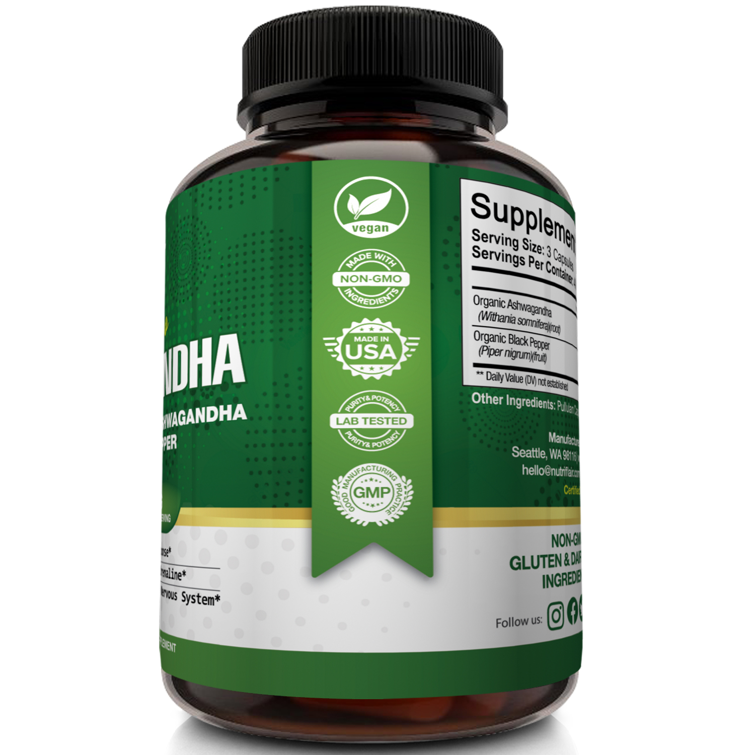 NutriFlair Certified Organic Ashwagandha Capsules for Natural Anxiety and Stress Relief Dietary Supplements 120 Capsules - image 3 of 7