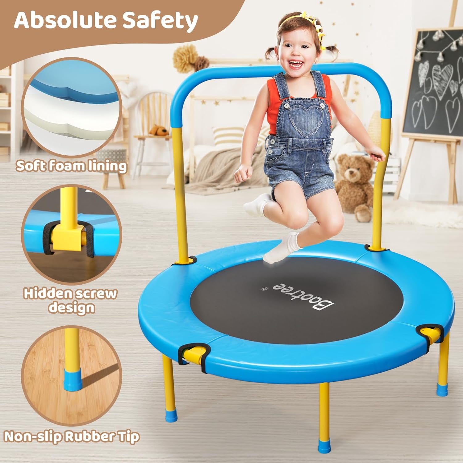 36 Inch Mini Trampoline for Kids, Indoor Outdoor Trampoline with Foam Handle, Max. Load 220 lb, Rebounder Trampoline for Toddlers, Birthday Gift for 1-6 Years Children, Boys Girls for Fun Blue