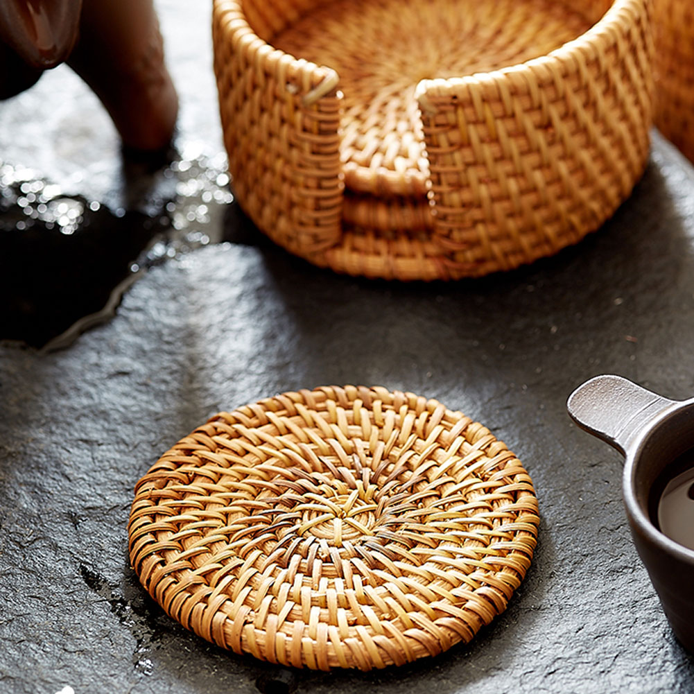 Tebru 6pcs Vintage Rattan Drinks Tea Cup Mats Coasters Round Teapot