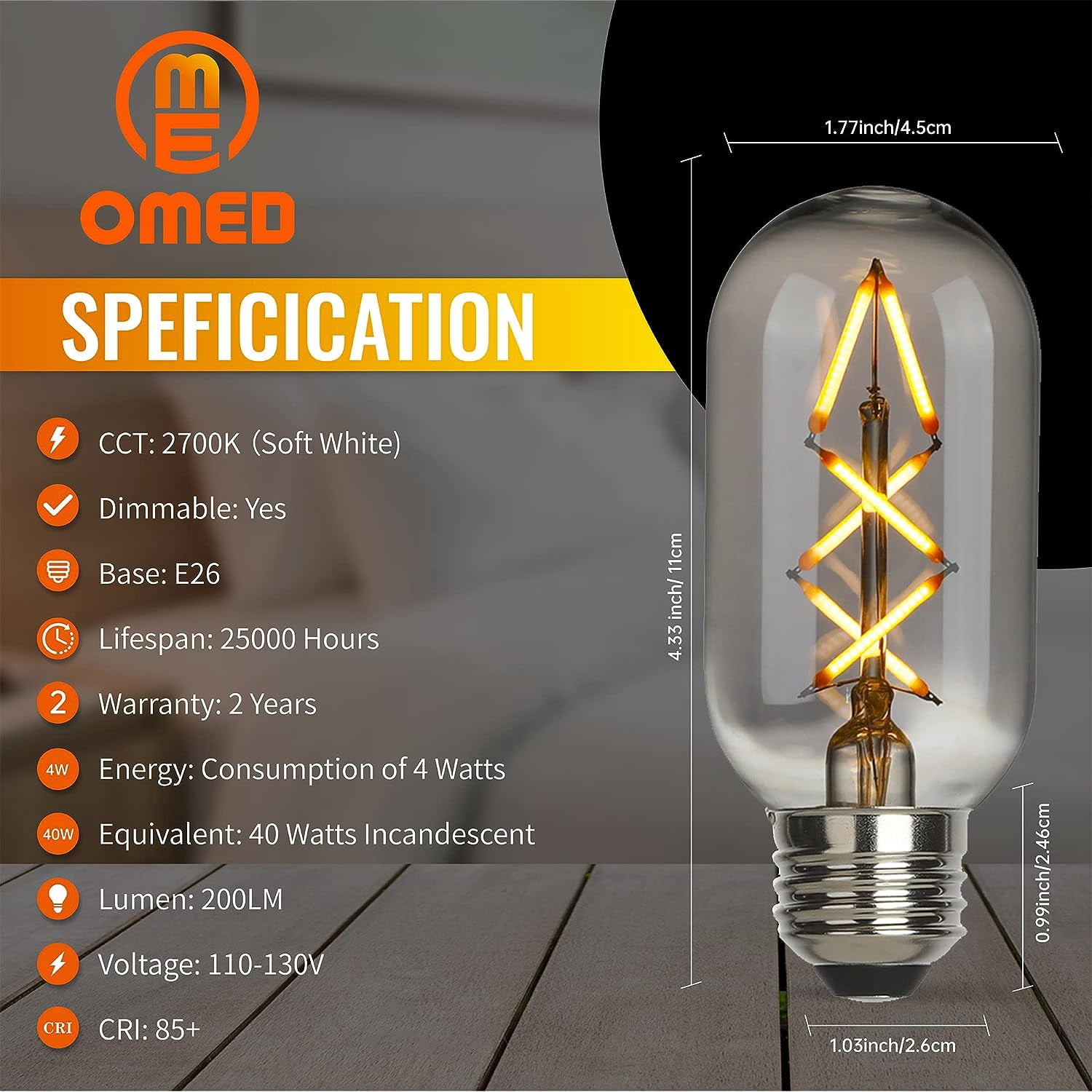 OMED Fishbone LED Filament Dimmable Vintage Edison Light Bulbs, T45/T14 E26 4W Antique Tubular Edison Bulbs 40 Watt Equal, 200LM 2700K SOFE White Spiral Retro Tube Bulbs, Smoke Grey Glass, 6 Pack