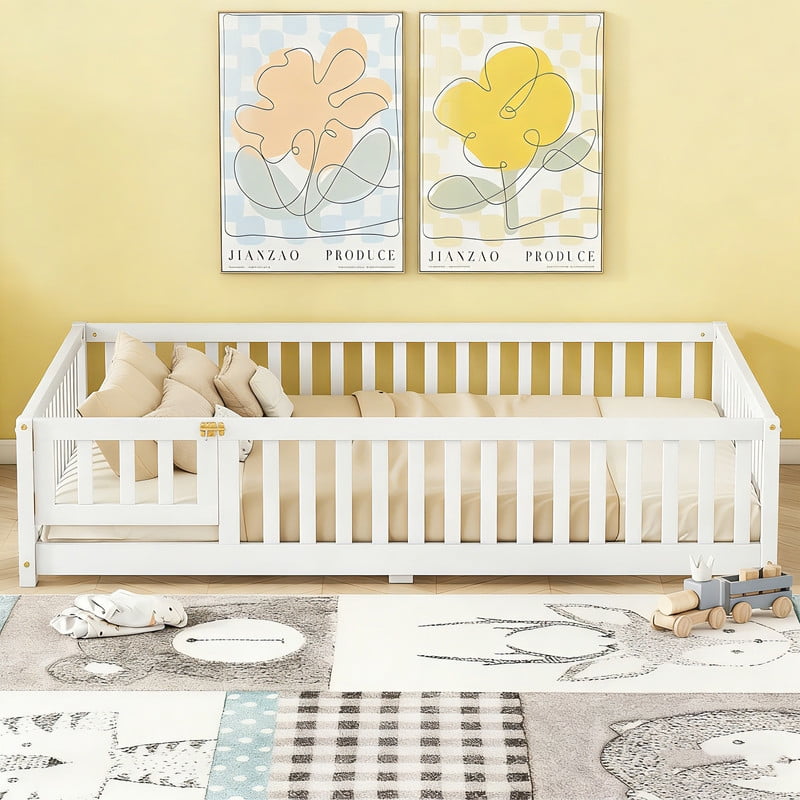 Montessori Bed with Rails, Full Size Floor Bed with Door & Slats Support, Wood Playhouse Bed with Fence, No Box Spring Needed,White