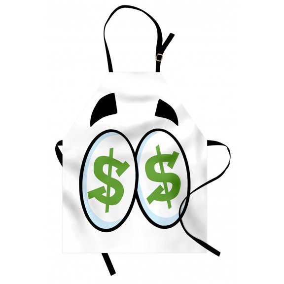 Eye Apron, Green Dollar Signs in Big Cartoon Eyes Greed for Money Penny Pincher, Unisex Kitchen Bib with Adjustable Neck for Cooking Gardening, Adult Size, Lime Green Pale Blue, by Ambesonne