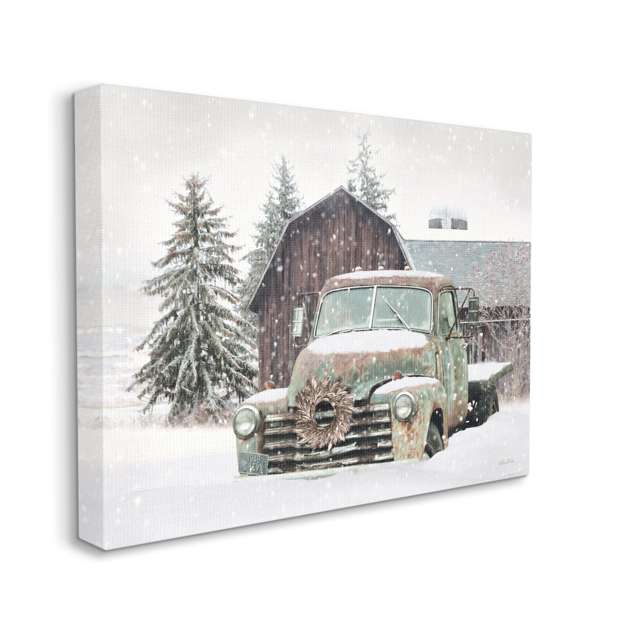 Rural Vintage Truck & Barn Snowy Winter Landscape Transportation Painting Gallery-Wrapped Canvas Print Wall Art