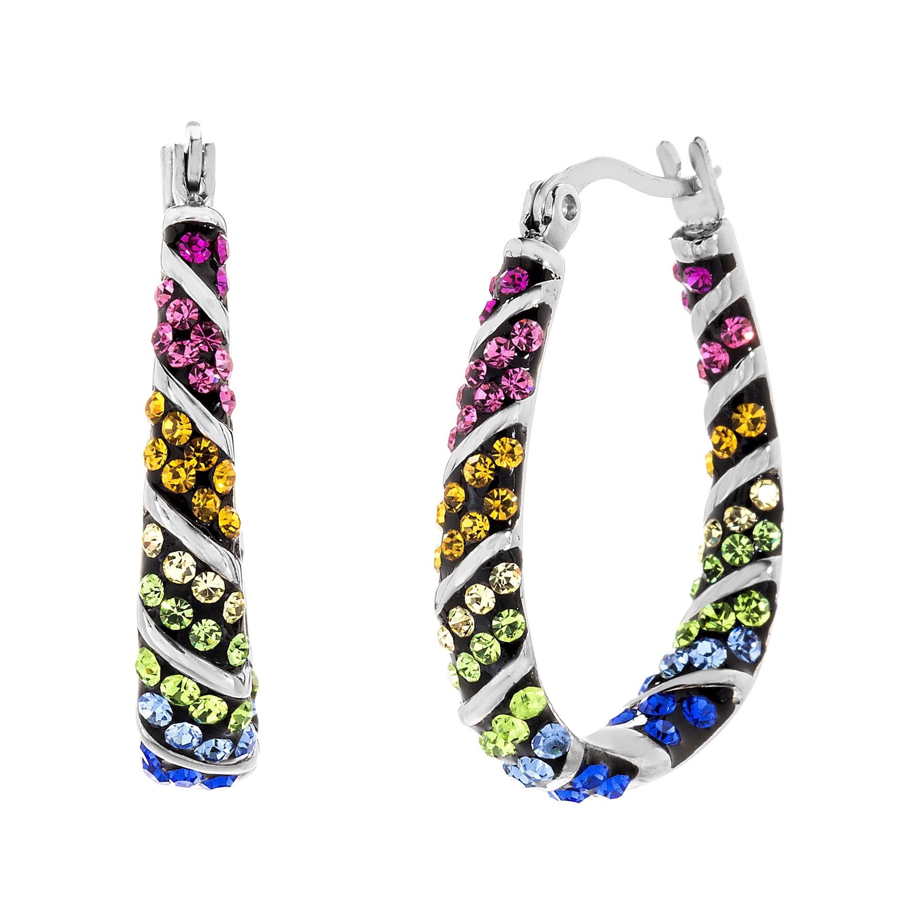 Lesa Michele Rainbow Crystal U-Shaped Hoop Earrings in Stainless Steel for Women