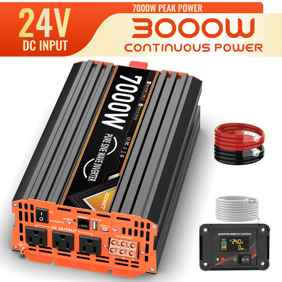 XDZWATT 24V 3000 W Continuous 7000 W Surge Power Inverter, LCD Display, Remote Control for Car