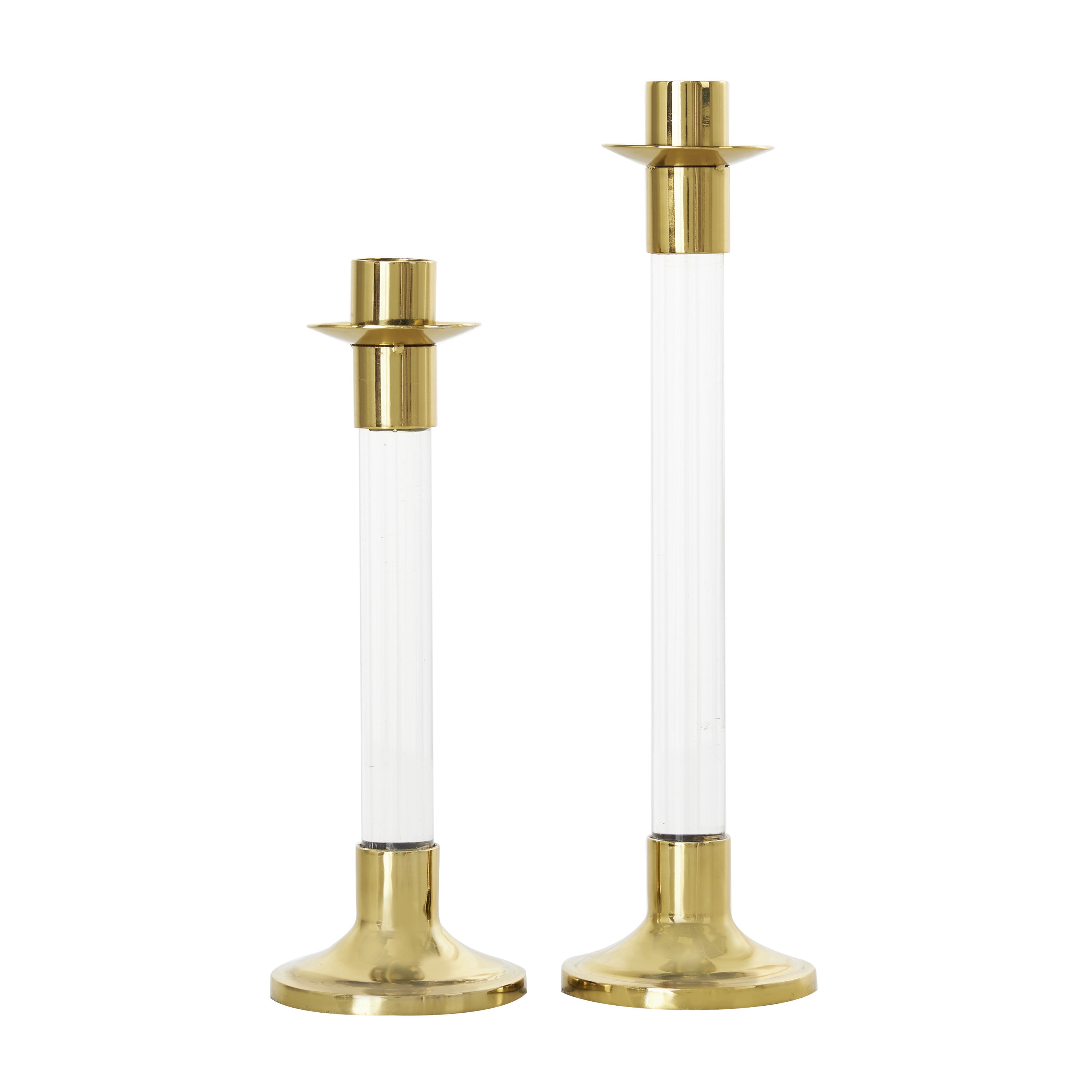 DecMode 2 Candle Gold Stainless Steel Candle Holder with Clear Glass Center, Set of 2