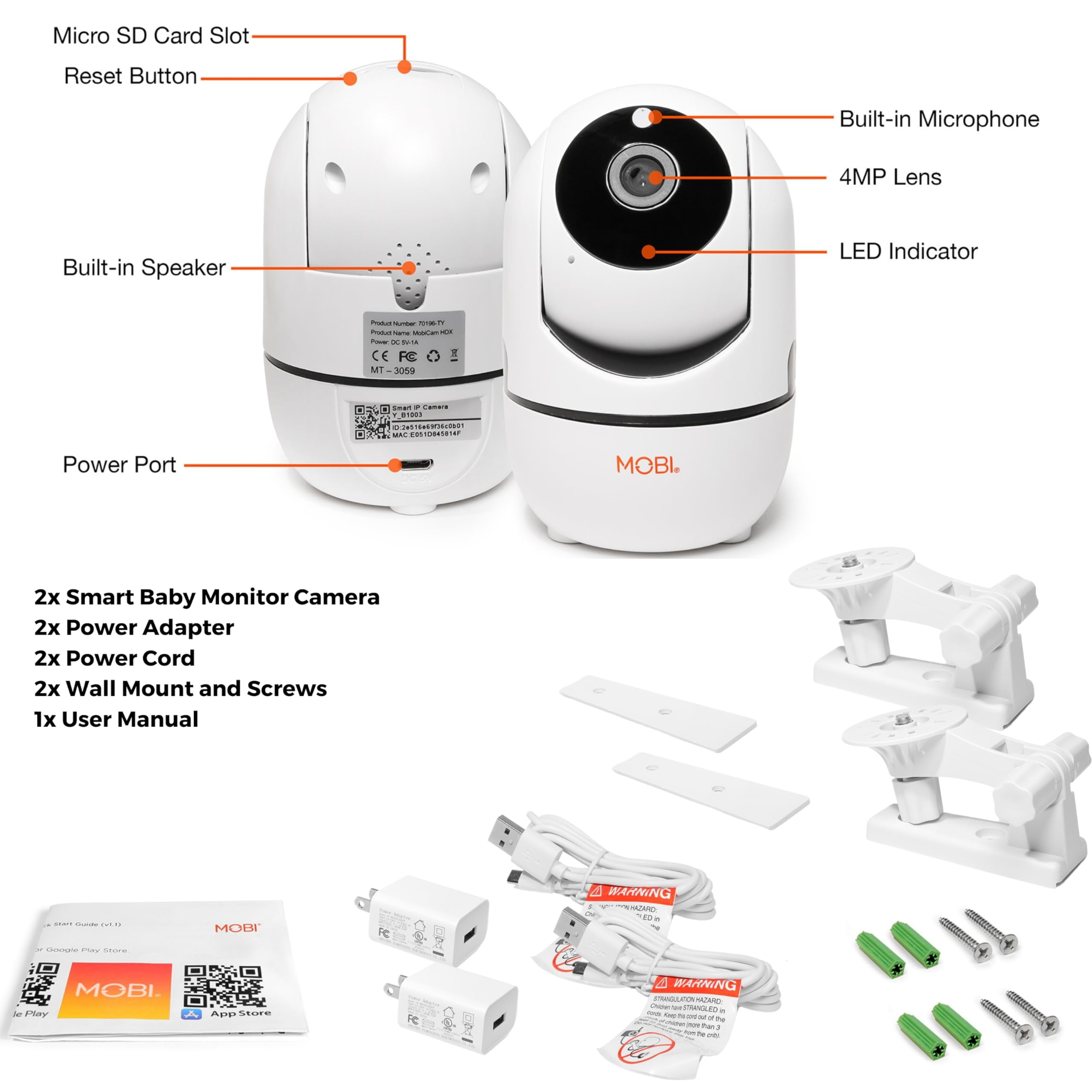 MobiCam HDX Wi-Fi Pan & Tilt Smart Nursery, Elderly & Home Monitoring Camera, 1080p HD Indoor Security Night Vision IP Camera, Motion Detection, Two-Way Audio, Cloud & SD Card Storage - (2-Pack)