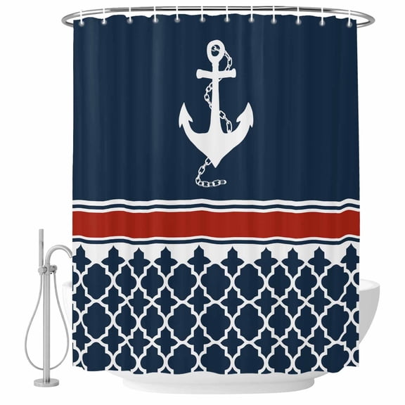Navy Blue Coastal Shower Curtain Set - Long 72" x 84" Washable Bathtub Curtain with 12 Hooks, Nautical Ocean Sea Anchor Abstract Art Waterproof Fabric Stall Shower Curtains for Bathroom/Bathtub