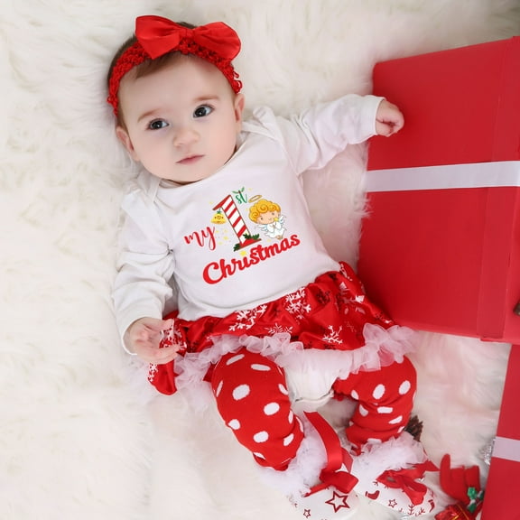 Nrmvnmi Baby Girls 1st Christmas Skirt 4 Pcs Outfit Long Sleeve Round Neck Romper & Leg Warmer & Shoes & Headband Christmas Set Size 0-24 Months