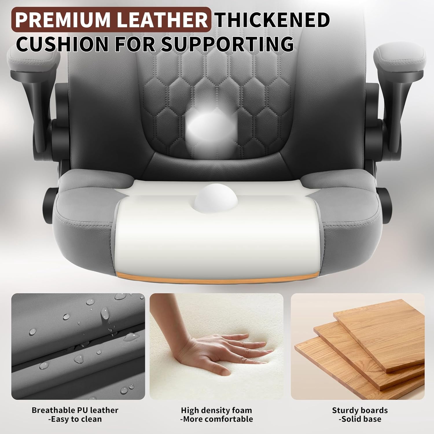 Nexthro Executive Office Chair PU,Leather Office Chair with Wheels,360° Swivel Rolling Chair with Padded Arms,Ergonomic Computer Chair with Lumbar Support for Short People Use(Gray)