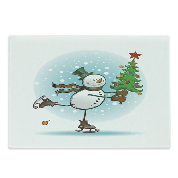 Snowman Cutting Board, Hand Drawn Style Skating Christmas Tree and Hat Cold Winter Snowfall, Decorative Tempered Glass Cutting and Serving Board, Large Size, Multicolor, by Ambesonne