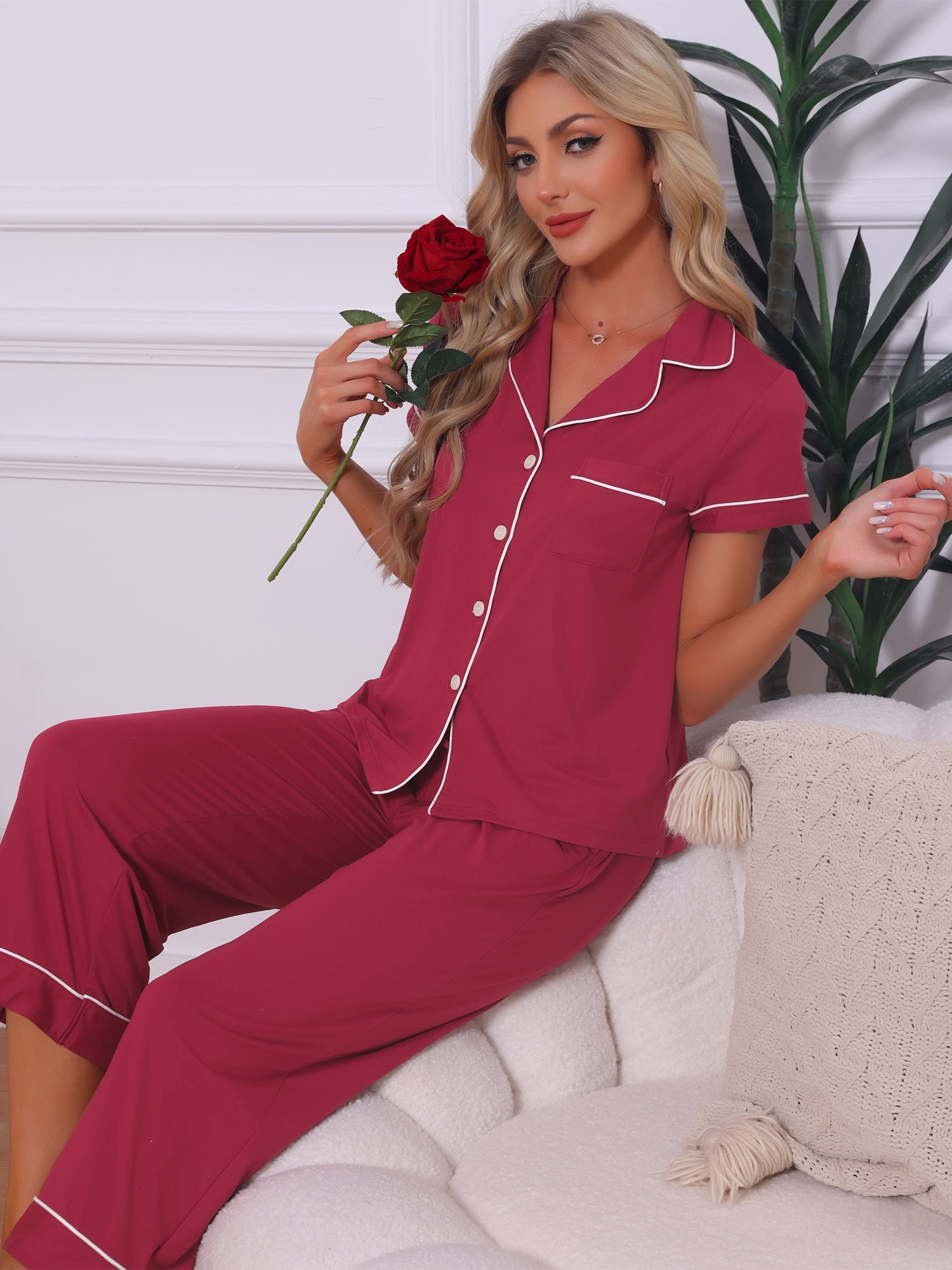 DARING DIVA Women's Capri Pajamas Short Sleeve Button Down Tops with Pants Set XL Red