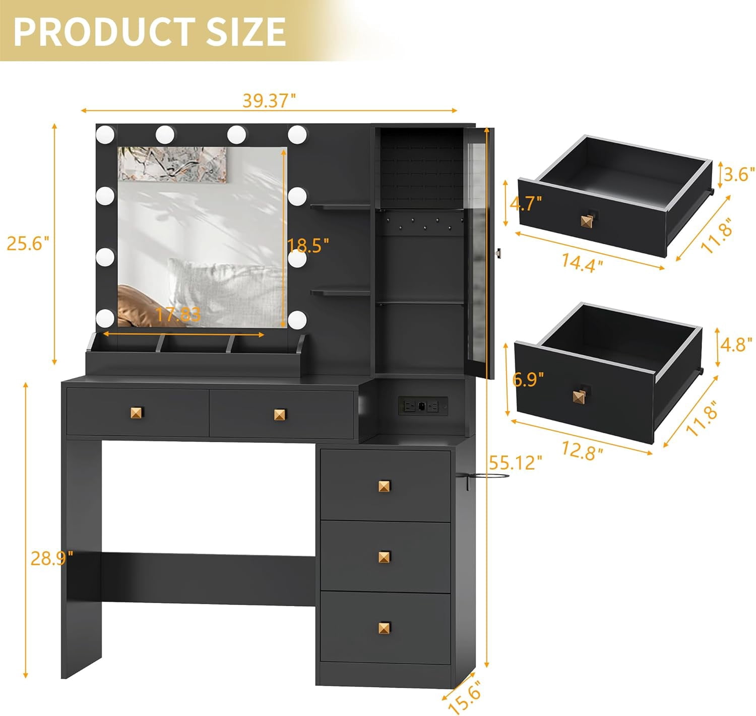 FANRAL Vanity Desk with RGB Ambient Light,LED Mirror & Charging Station,Small Dressing Table with Glass Cabinet & Ample Storage for Bedroom Grooming,Black Vanity