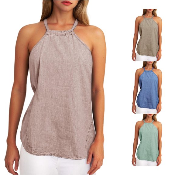 WAYUTE Womens Tank Tops Halter Gathered Neck Tank Top for Ladies Sleeveless Loose Flowy Solid Summer Beach Vacation Camisole Shirt Casual Daily Wear,Pink,L