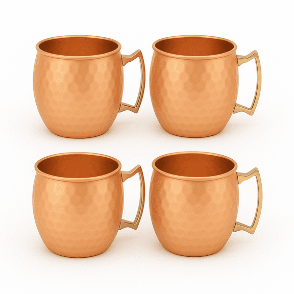 Modern Home Handmade 16oz Solid Copper Mule Mug – Barrel Shaped Mug with Brass Handle & Hammered Texture (Set of 4)