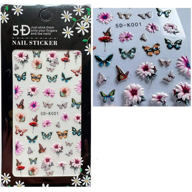 WESTOCEAN GUITU New Pink Magnolia Magpie Butterfly Rose Sunflower red Peony Gardenia Embossed Nail Sticker Nail Art Nail Decoration(Style1)