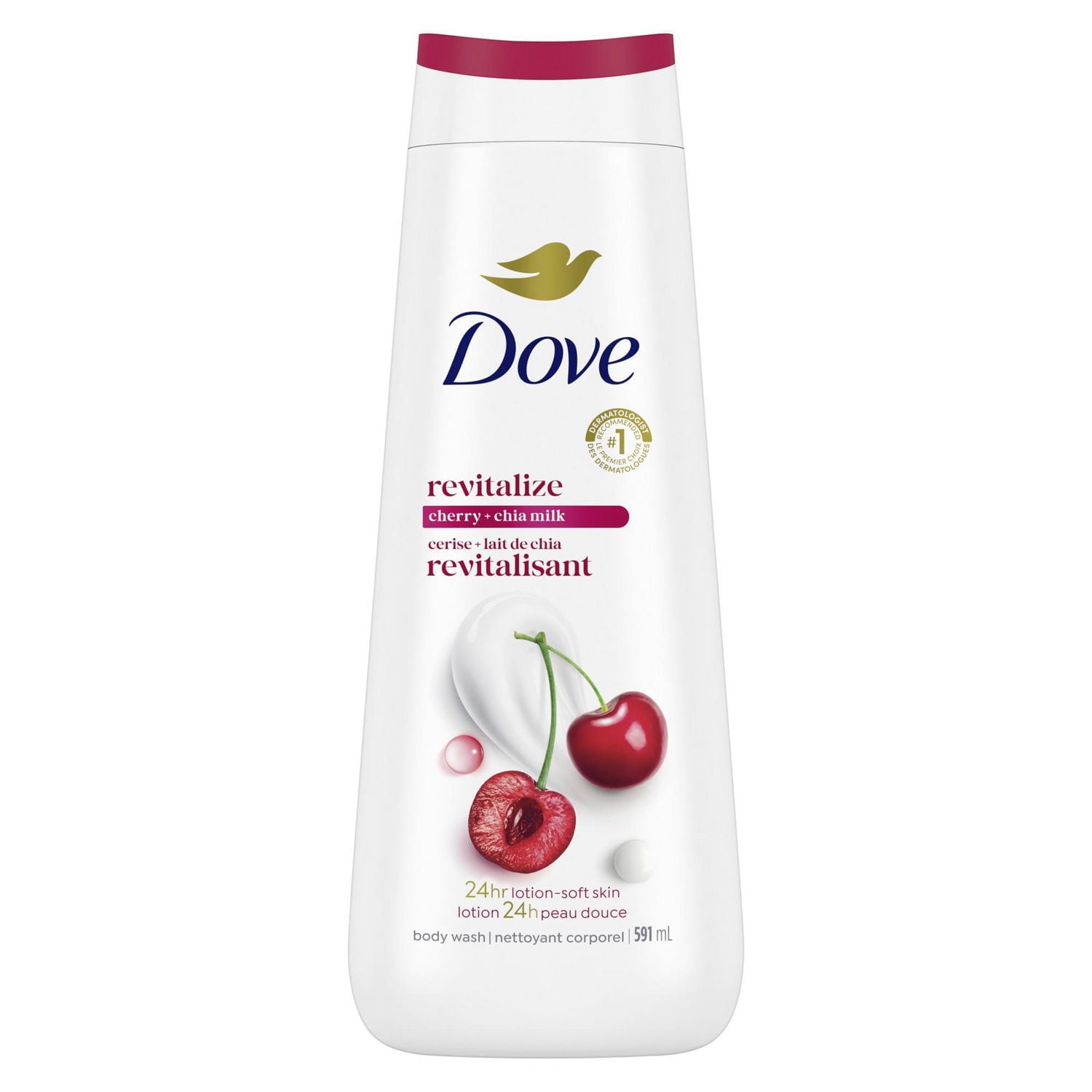 Dove Body Wash For 24hr Lotion-Soft Skin Revitalize Cherry and Chia Milk Moisturizing Skin Cleanser with No Sulfates No Parabens 591 ml, 591 ml