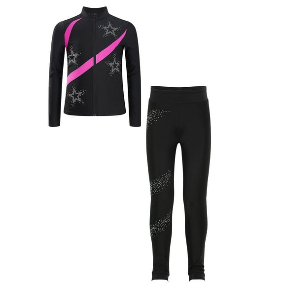 TiaoBug Kids Girls Shiny Figure Ice Skating Long Sleeve Jacket with Gymnastics Leggings Set Hot Pink 8