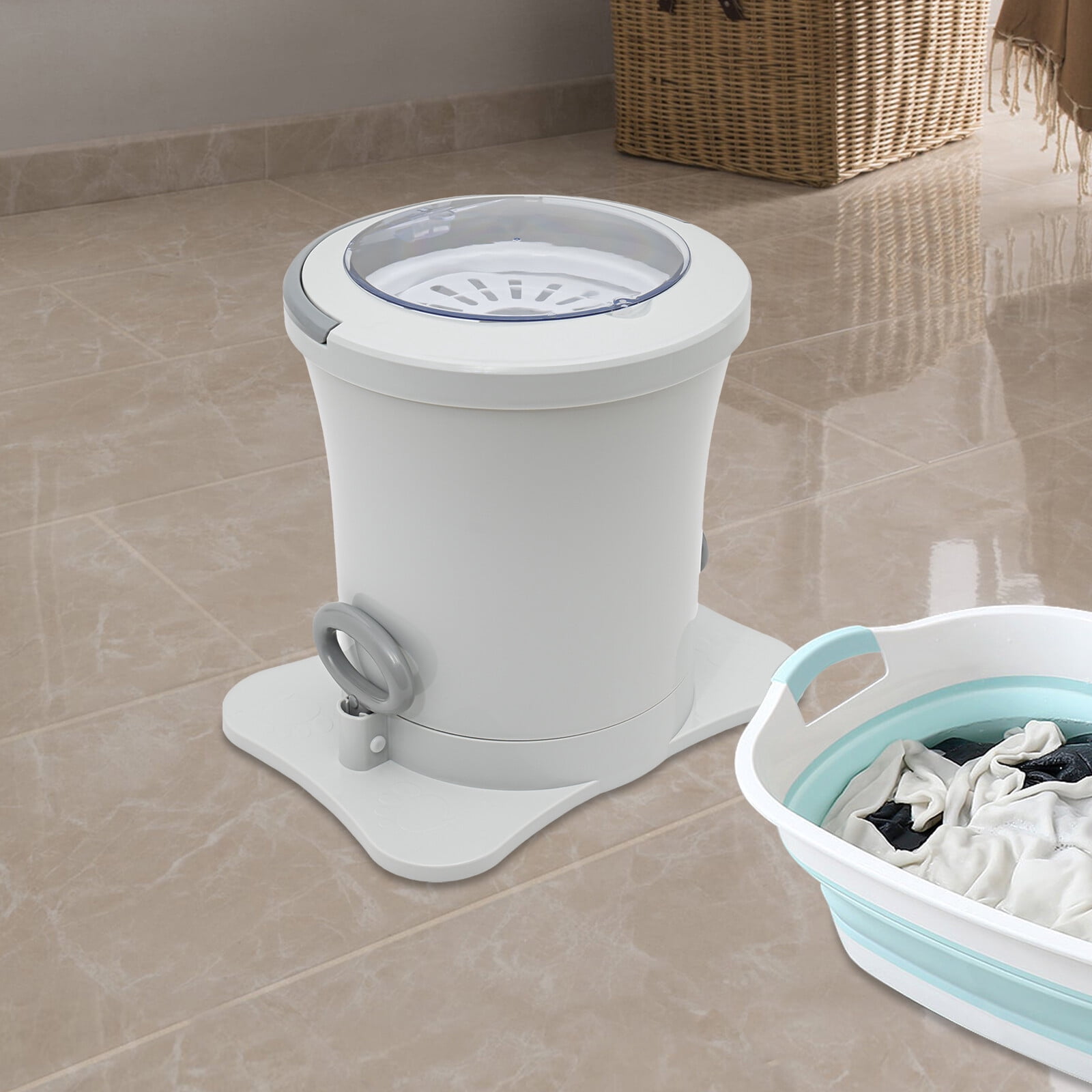 Modern Round White Machine Portable Foot Operated Non-Electric Dehydrator Compact Washer Spin Dryer